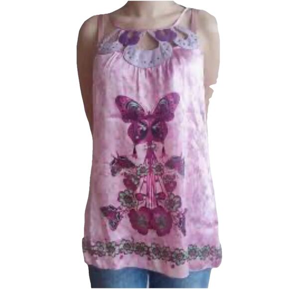 Gusto Tops - Gusto pink butterfly top with scarf Medium